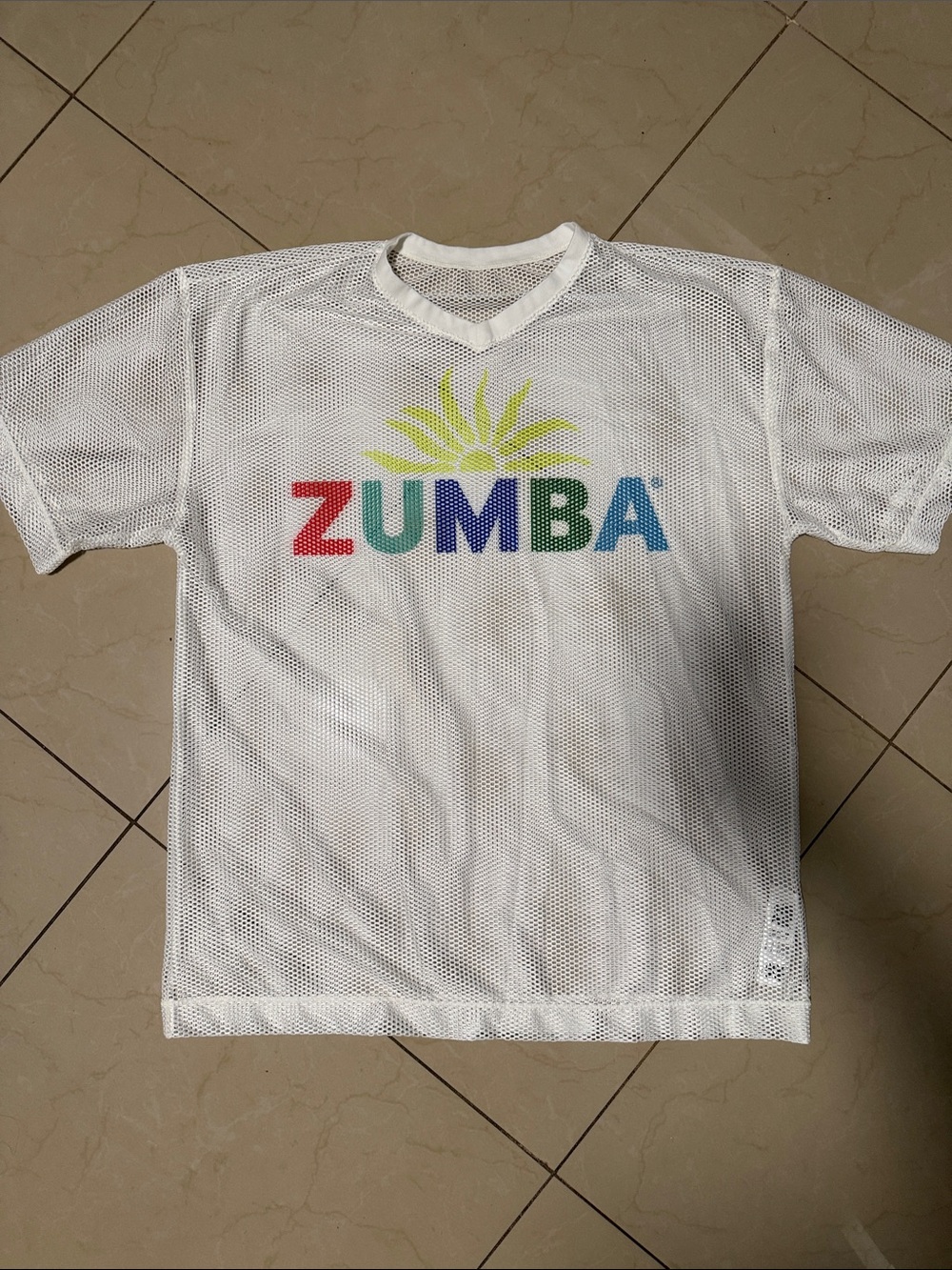 Zumba Wear Worldwide White Mesh Short Sleeve Tee with Multicolor Logo - Size Med